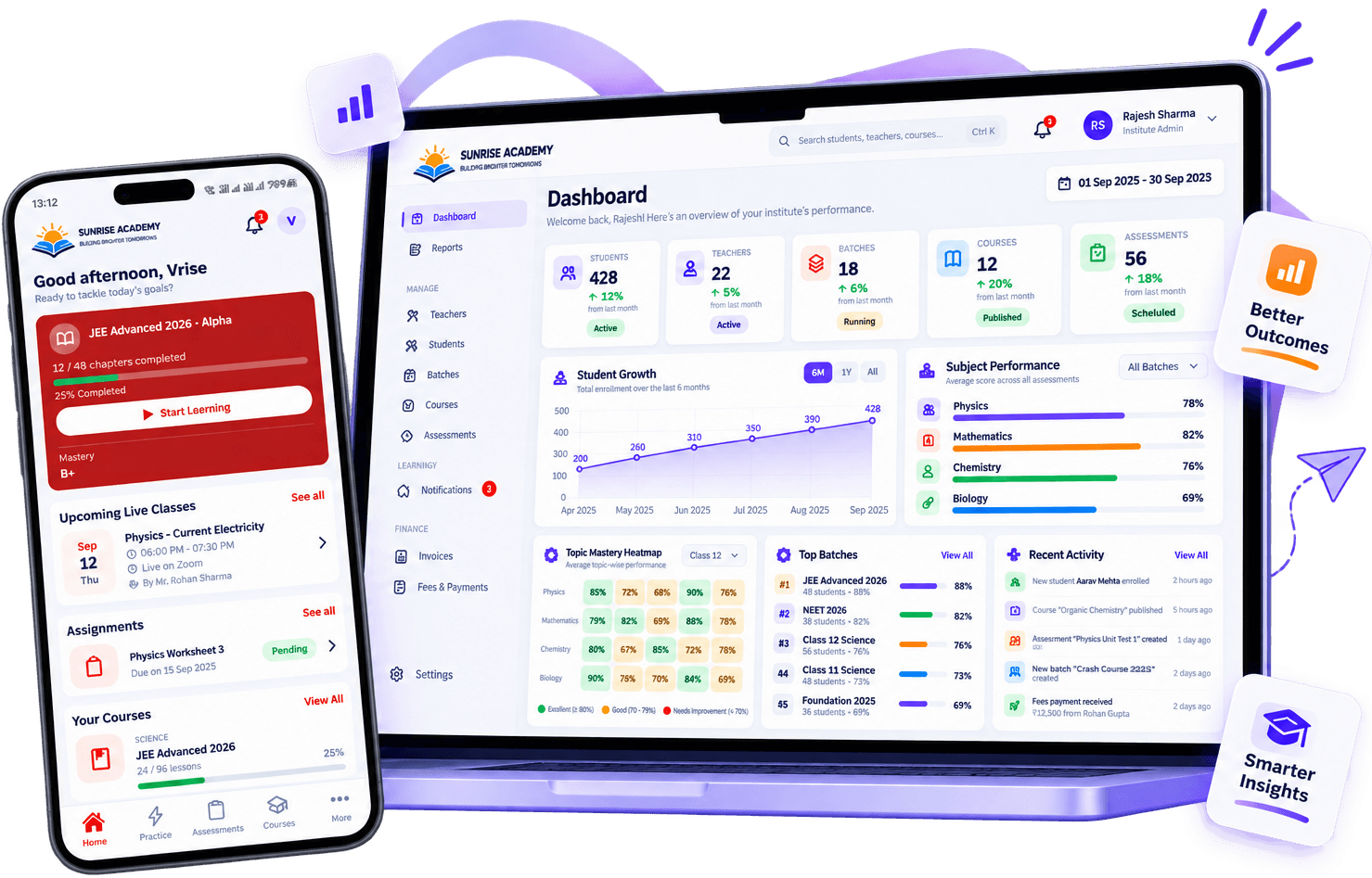 VriseEdu institute dashboard and student app, with highlights: Better Outcomes, Smarter Insights